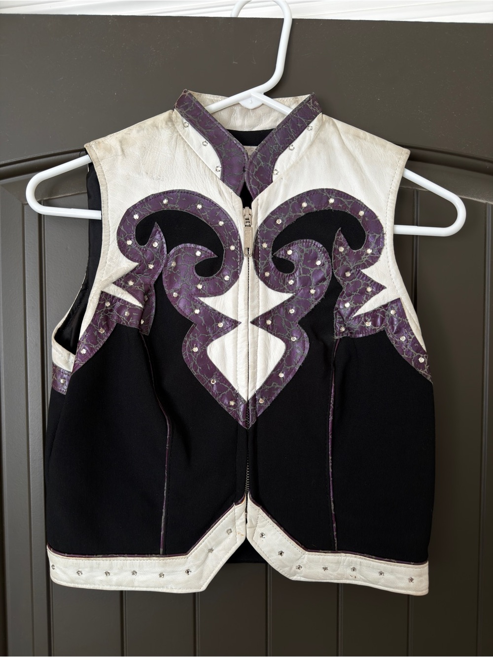Black, Purple, & White Embellished Western Leather Show Vest.